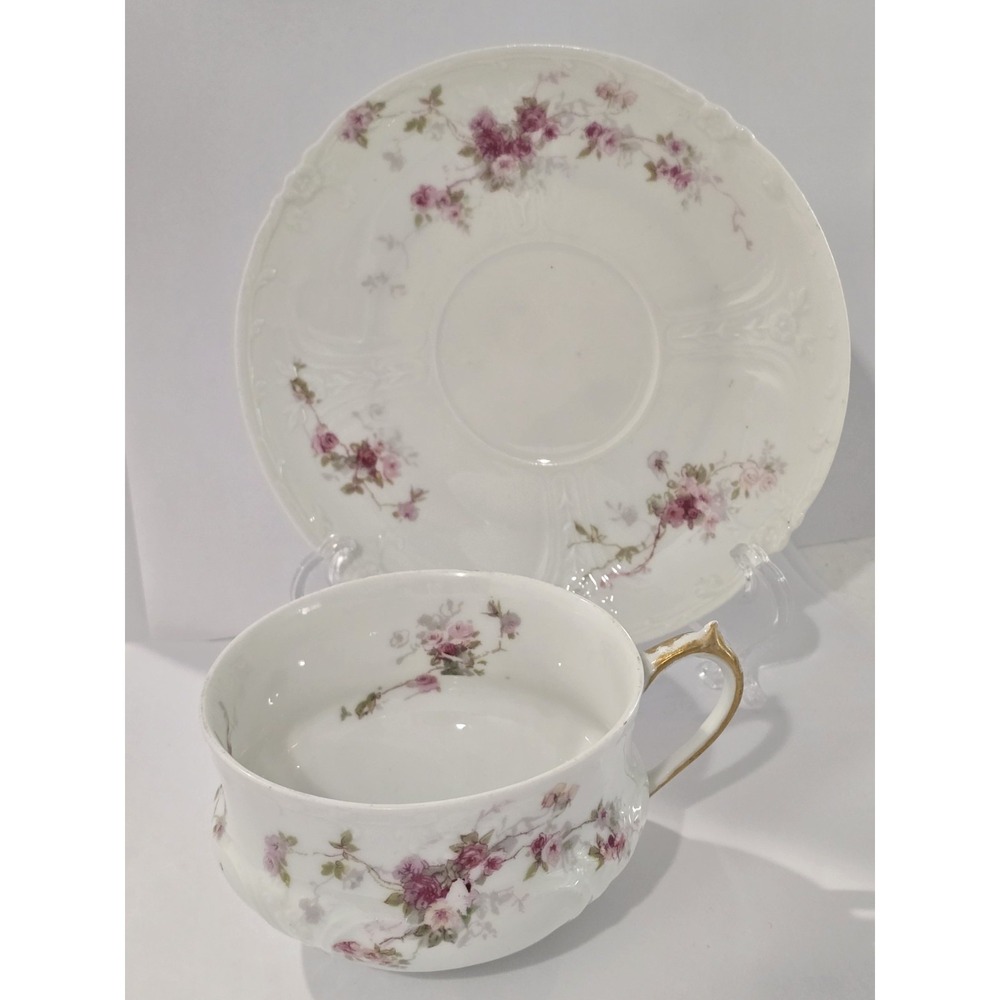 Haviland Limoges Schleiger Pink Rose Sprays Cup & Saucer Set Antique France